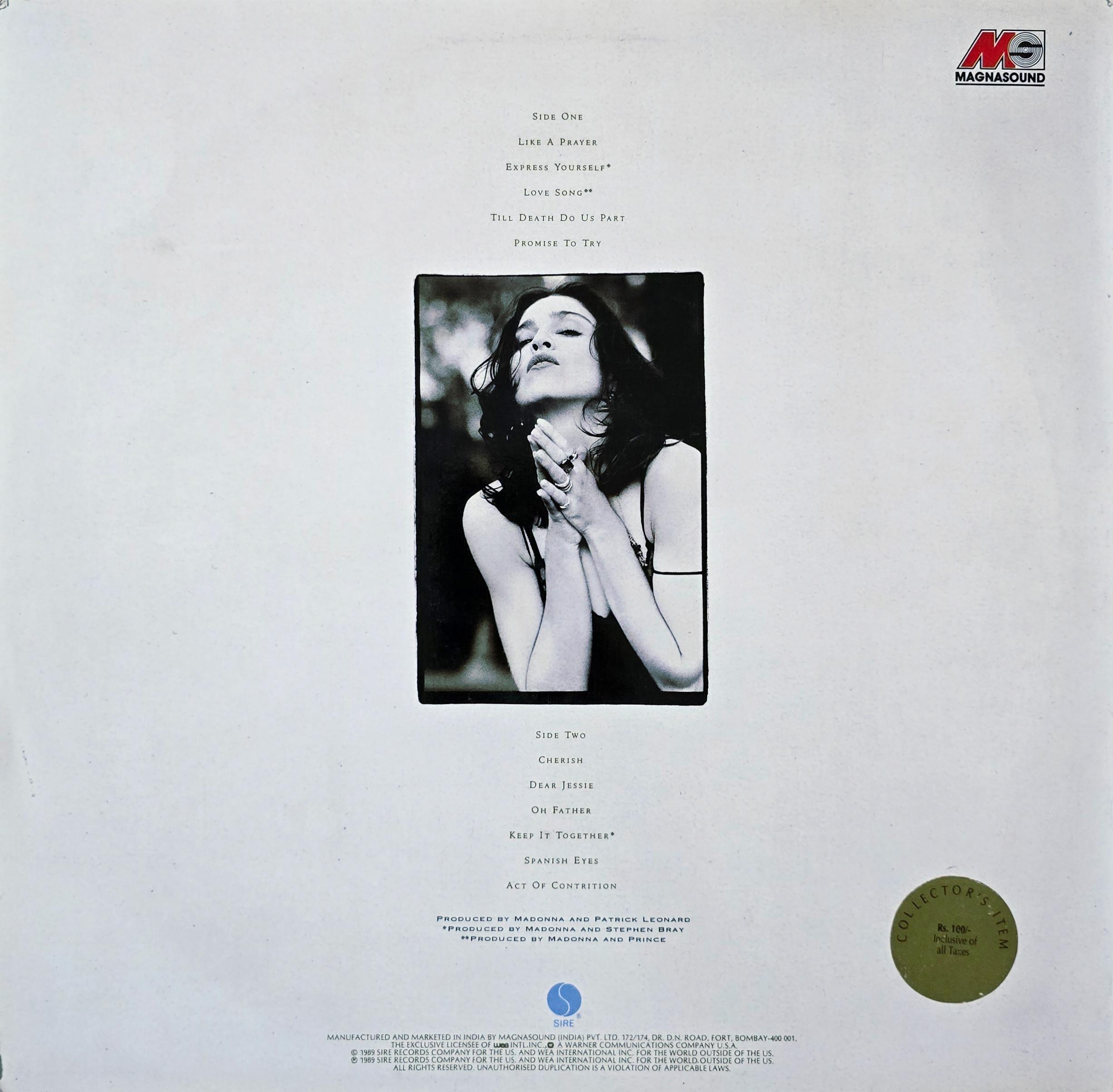 MADONNA : LIKE A PRAYER - LP RECORD ( SIRE / MINT ) 25844 alt